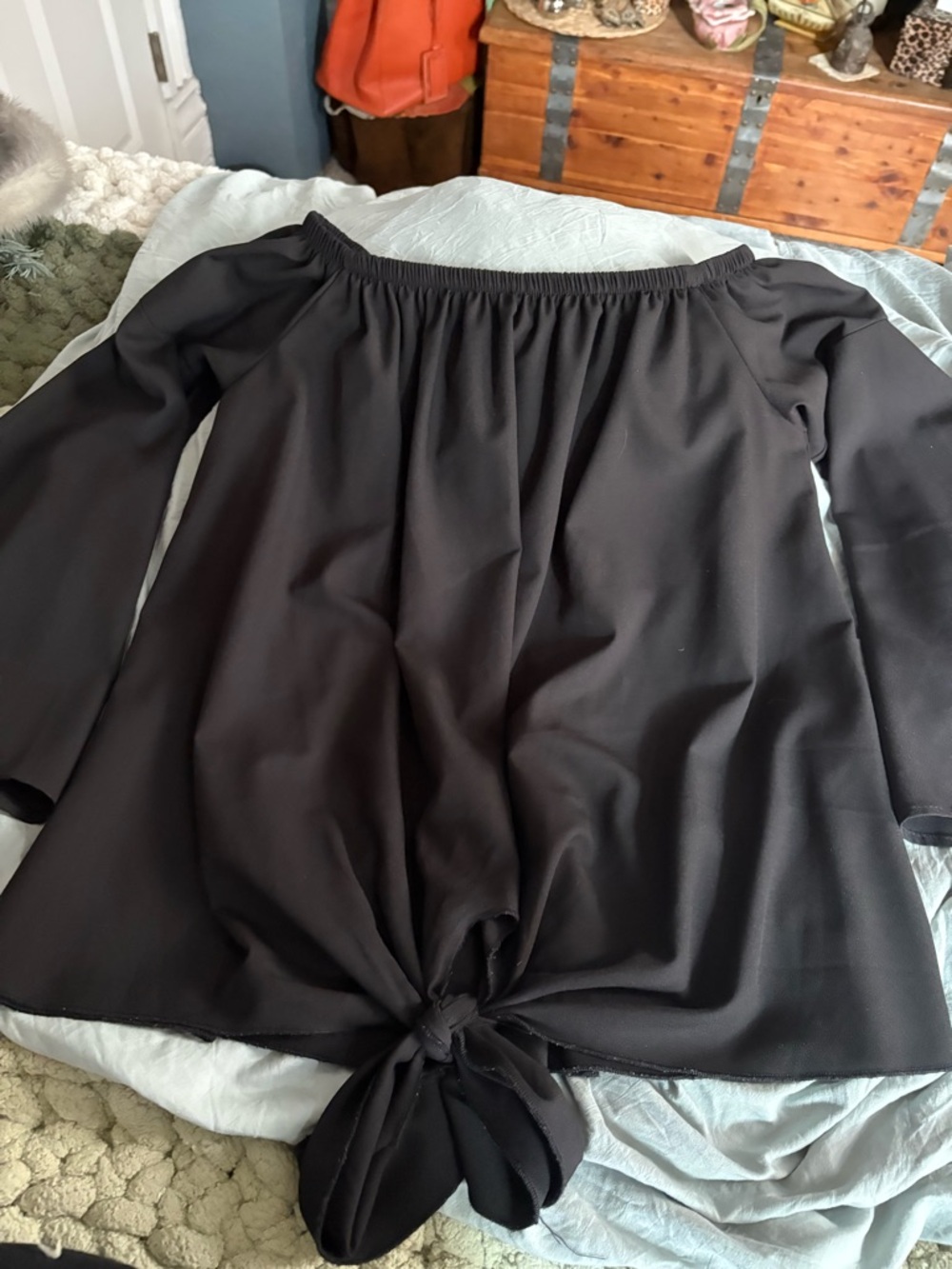 Classic Black Off-Shoulder Tie-Front Blouse